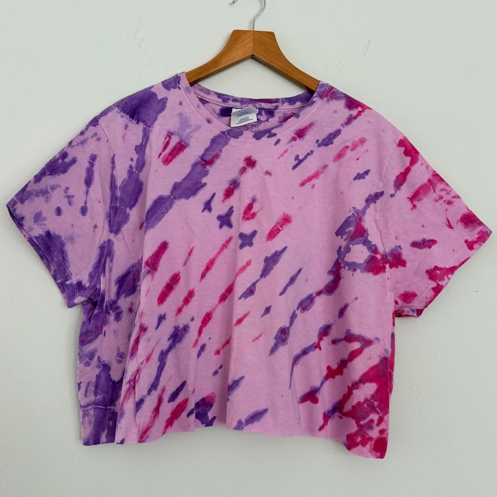 Custom Pink & Purple Tie Dye Cropped Tee Handmade Y2K Inspired Top, Women’s 2XL